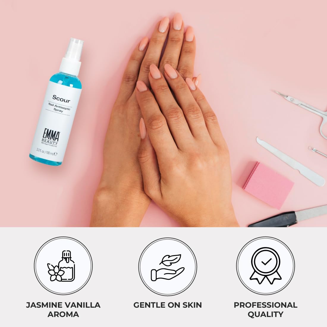 EMMA Beauty Scour Nail Antiseptic Spray, Nail Surface Cleanser and Cleaning Solution, 12+ Free Formula, 100% Vegan & Cruelty-Free, 3.3 oz. Beauty & Personal Care EMMA Beauty
