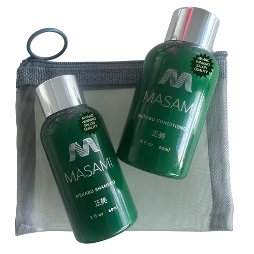 MASAMI Mekabu Hydrating Shampoo and Conditioner Travel Set in Mesh Zipper Pouch, 2 fl oz Each, Vegan Plant-Based Formula for All Hair Types