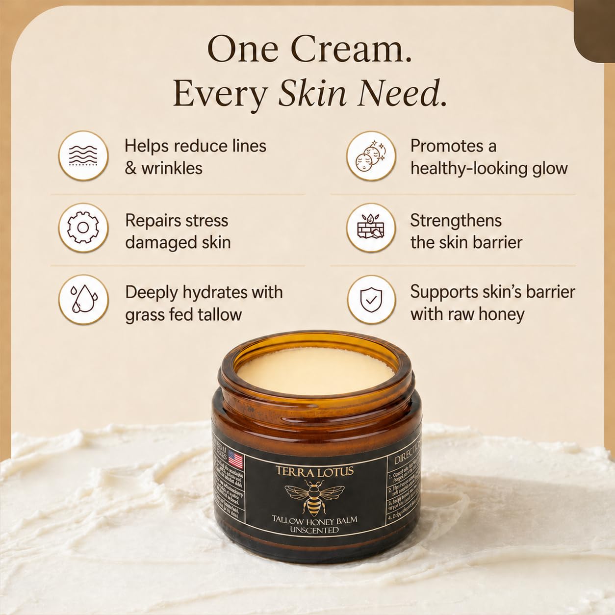 Terra Lotus - Organic Grass-Fed Beef Tallow Balm with Raw Honey - Moisturizing Cream for Soft, Smooth Skin - Handmade All-Natural Moisturizer (2 Oz Beauty and Personal Care Terra Lotus