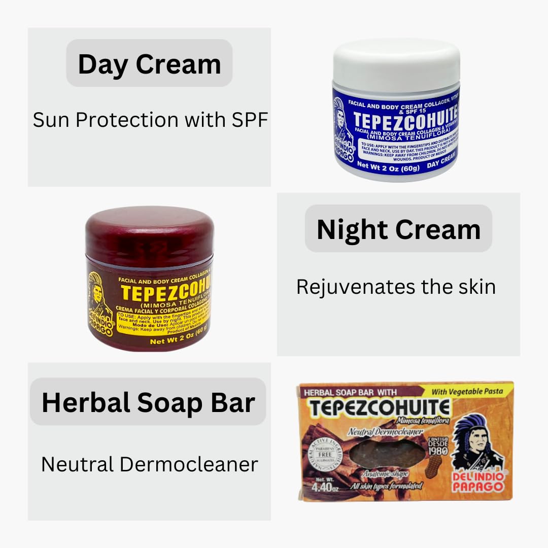 Del Indio Papago Anti Aging Combo Pack with Night Cream 2 oz, Day Cream 2 oz, and Tepezcohuite Natural Bar Soap - Skin Care Solution for All Types