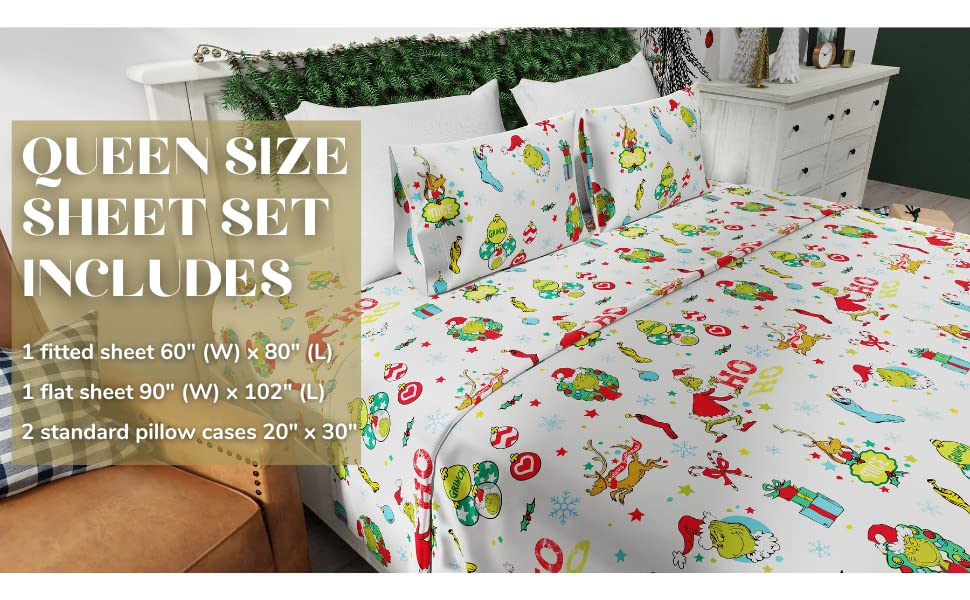 Grinch by Dr. Seuss Holiday & Christmas Bedding Super Soft 100% Cotton Flannel Sheet Set, Queen, (Officially Licensed Product) by Franco