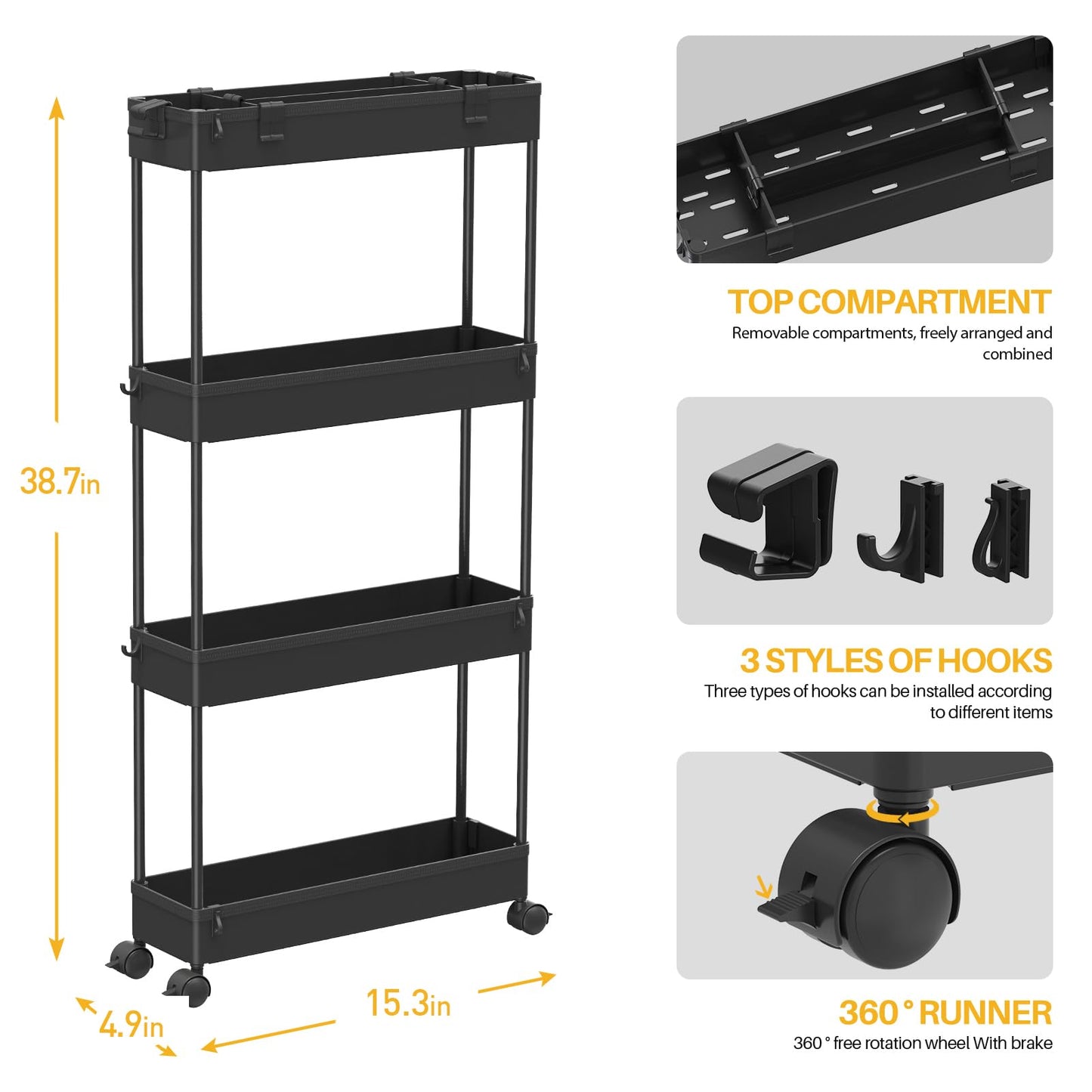 SPACELEAD Slim 4-Tier Storage Cart, Rolling Bathroom Organizer & Mobile Shelving Unit for Kitchen, Laundry, Office & Narrow Spaces, Black