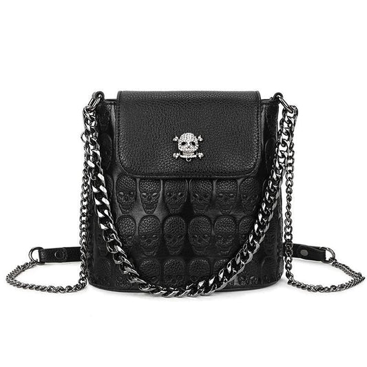 Downupdown Skull Handbags Purse Women Satchel Crossbody Bag Goth Chain Shoulder Bag Small Tote Hobo Bags Flap Zip Phone Bag-Black
