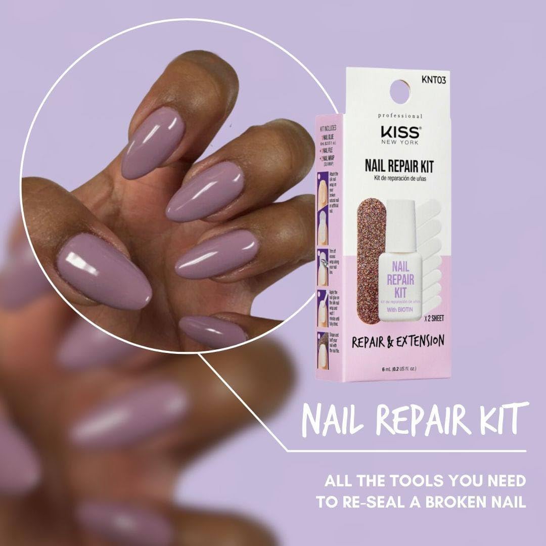 Kiss New York Nail Repair Kit for Damage, Broken, Cracked and Weak Nails - Biotin Infused Glue, File, and 2 Wraps - Made in Korea