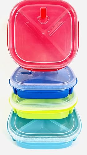 Set of 4 - Microwave Food Storage Containers, Meal Prep Box, Bento Boxes - 3 Section/Compartment Divided Plates w/Vented Lid BPA Free