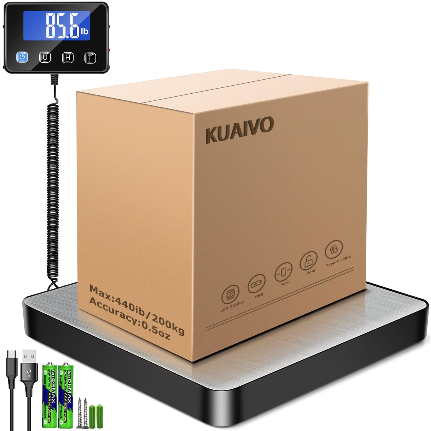KUAIVO Shipping Scale, 440 lbs/0.35oz High Accurate Digital Postal Scale with Hold/Tare Function, Shipping Scale for Small Business, Packages…