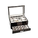 Bey-Berk Tucker 10-Slot Watch and Jewelry Box, Lacquered Wenge Wood Glass-Top Organizer with Velour-Lined Cufflink and Pen Drawer, 12" x 8" x 6"