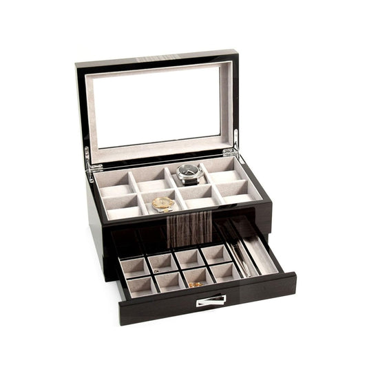 Bey-Berk Tucker 10-Slot Watch and Jewelry Box, Lacquered Wenge Wood Glass-Top Organizer with Velour-Lined Cufflink and Pen Drawer, 12" x 8" x 6"