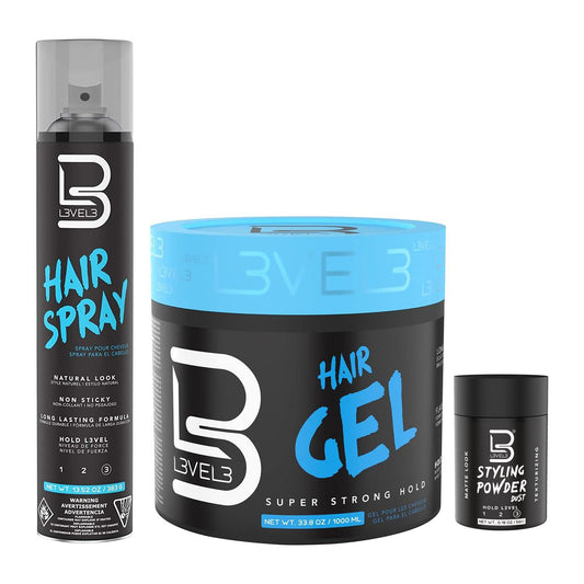 L3 - Level 3 Hair Gel & Hair Spray Kit - Super Strong Hold - Flake Free - Long Lasting Shine - Great for Men and Women - Strong Hold Hair Spray