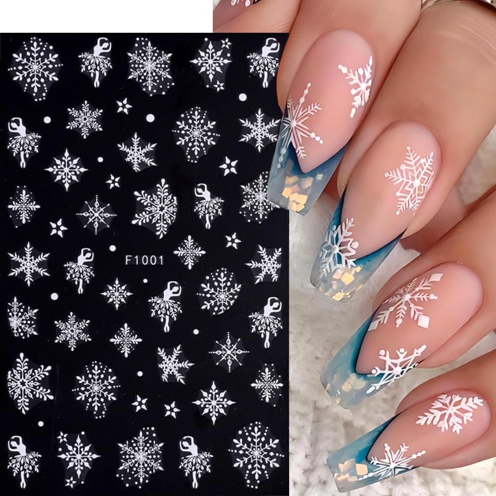 Snowflake Nail Art Stickers, Winter Nail Decals 3D Self-Adhesive Gold White Snowflake Xmas Tree Christmas Nail Design DIY Christmas Nail Decoration