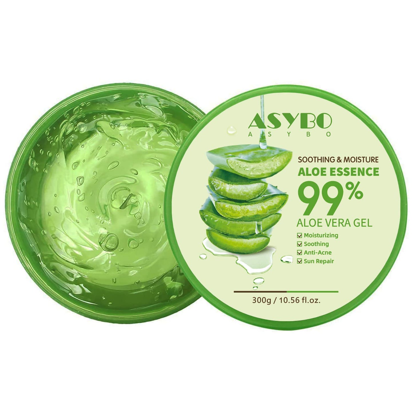 ASYBO 300 ML Natural Aloe Vera Gel -Organic Moisturizing Cream, Soothing and Hydrating, Sunburn and Scar Repair, Care for Face Body Hair