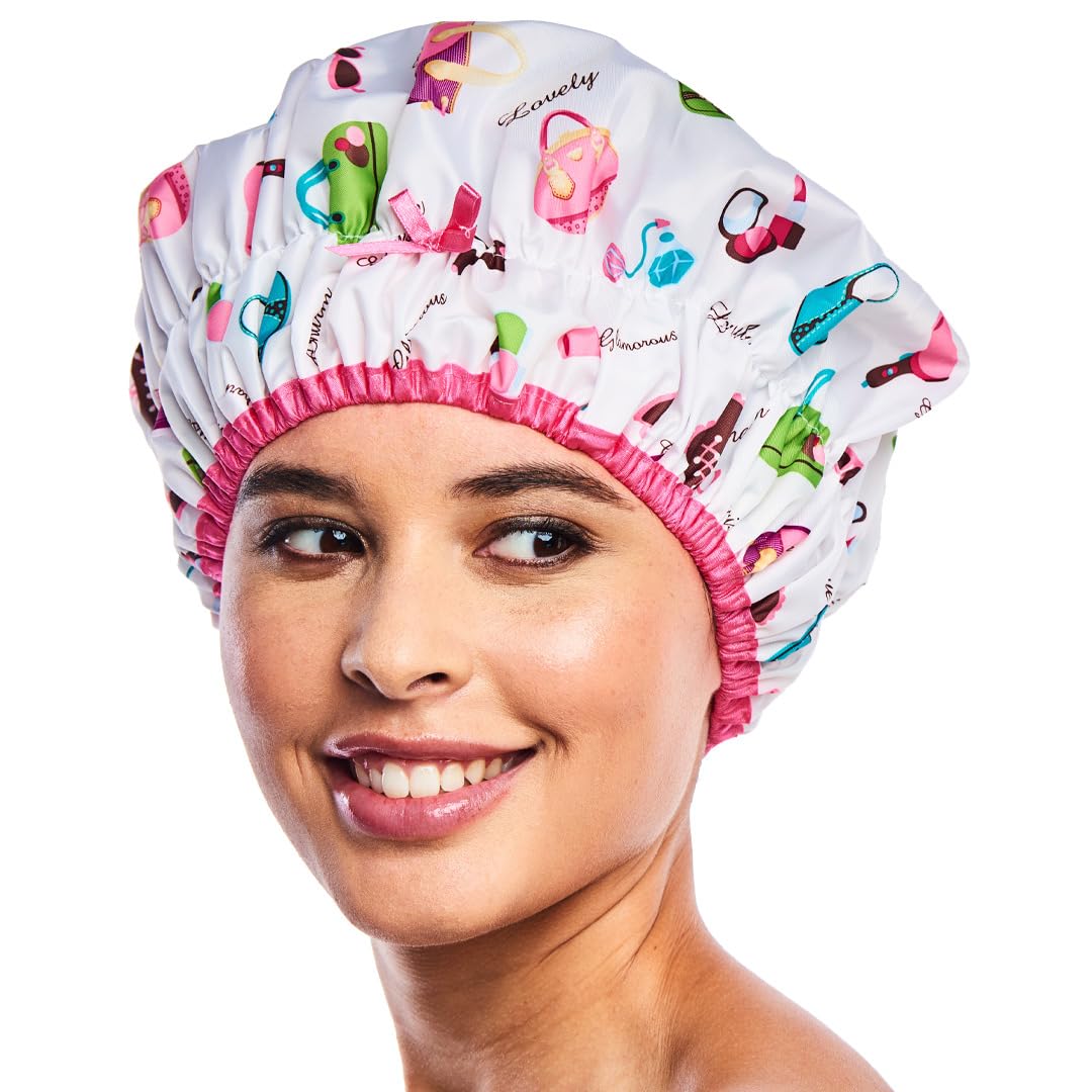 Reusable Shower & Bath Cap, Lined, Oversized Waterproof Shower Caps Large Designed for all Hair Lengths with Lining & Elastic Band Stretch Hem Hair