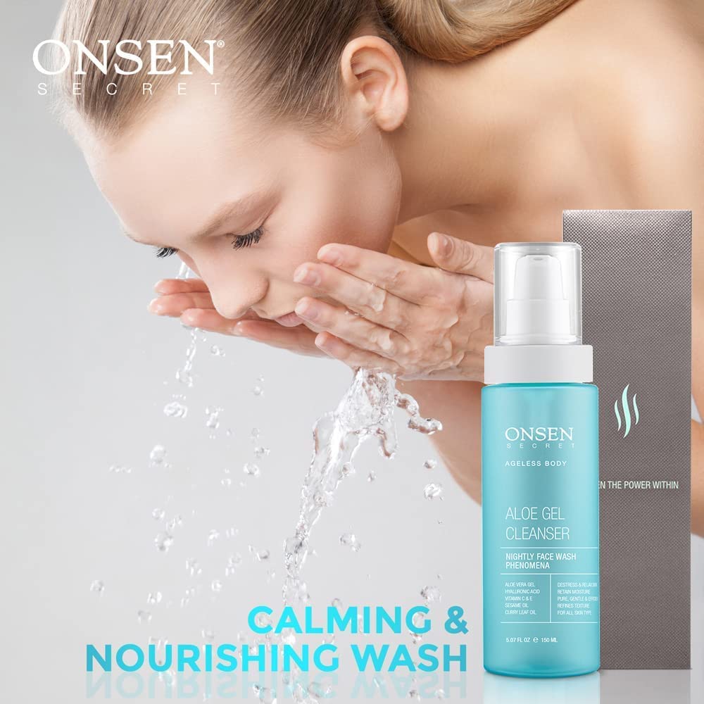 Onsen Secret Japanese Aloe Vera Face Wash - Premium Nightly Facial Cleanser for Makeup Removal, Heals Dry & Sensitive Skin, Hyaluronic Acid, Curry