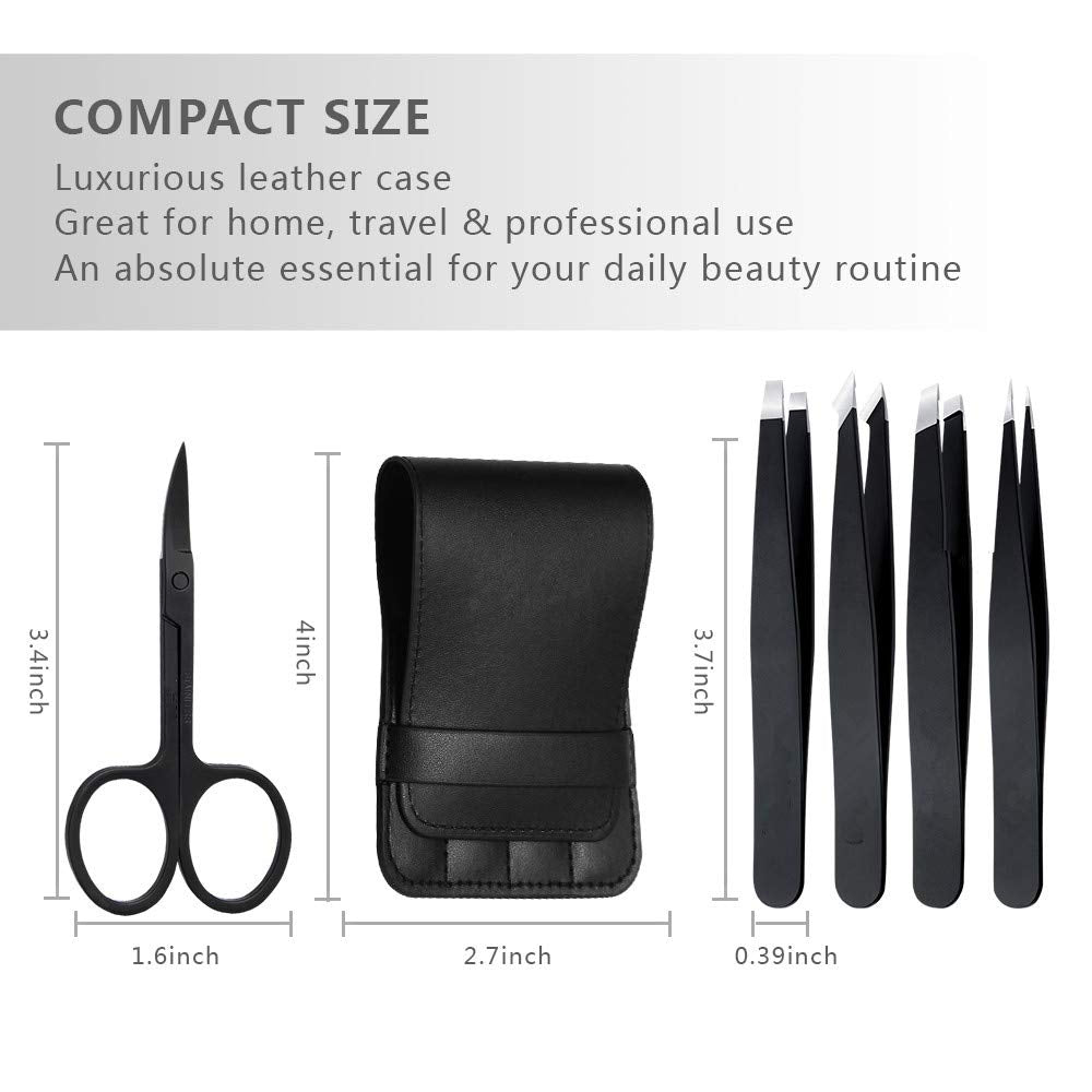 Tweezers Set 5-Piece - Professional Stainless Steel Tweezers with Curved Scissors, Best Precision Tweezer for Eyebrows, Splinter & Ingrown Hair