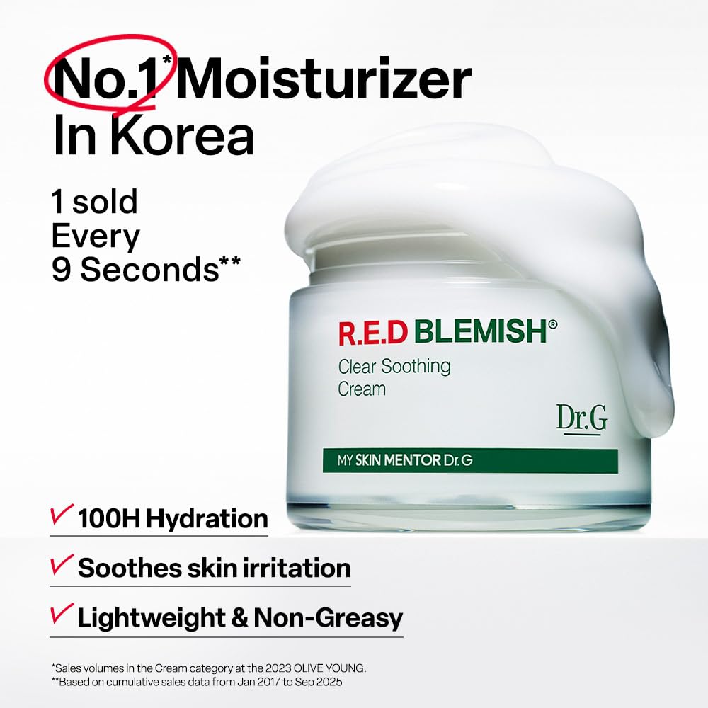 Dr. G R.E.D. Blemish Clear Soothing Cream - Calming Korean Moisturizer for Redness - Soothes Acne & Irritation - With Centella Asiatica - Long-Lasting