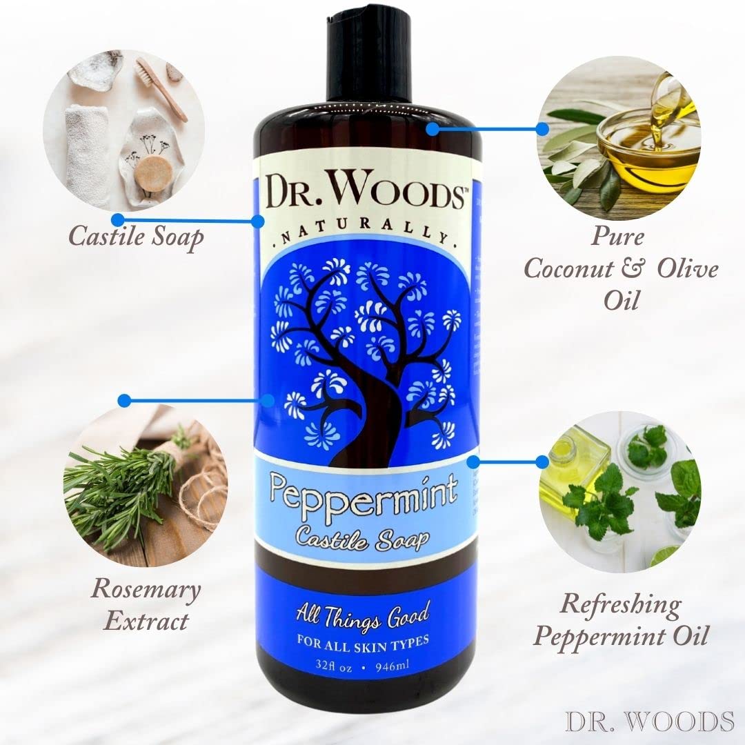 Dr. Woods Peppermint Liquid Castile Soap - Castile Soap with Pure Peppermint Oil, Body Wash for Men and Women, Contains Olive Oil, Natural Cleanser