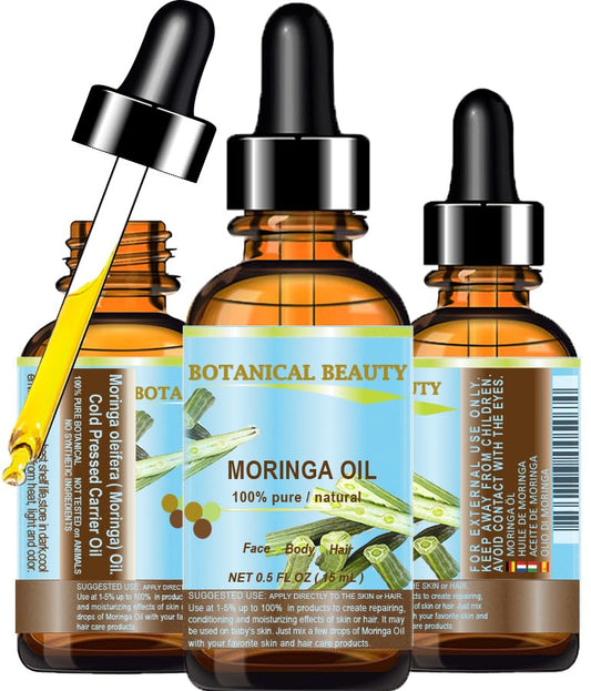 Botanical Beauty Moringa Oil 100% Pure Natural Undiluted Cold Pressed Carrier Oil for Face Skin, Hair, Lips, Nails. Rich in Vitamin C, Vitamin E (0.5