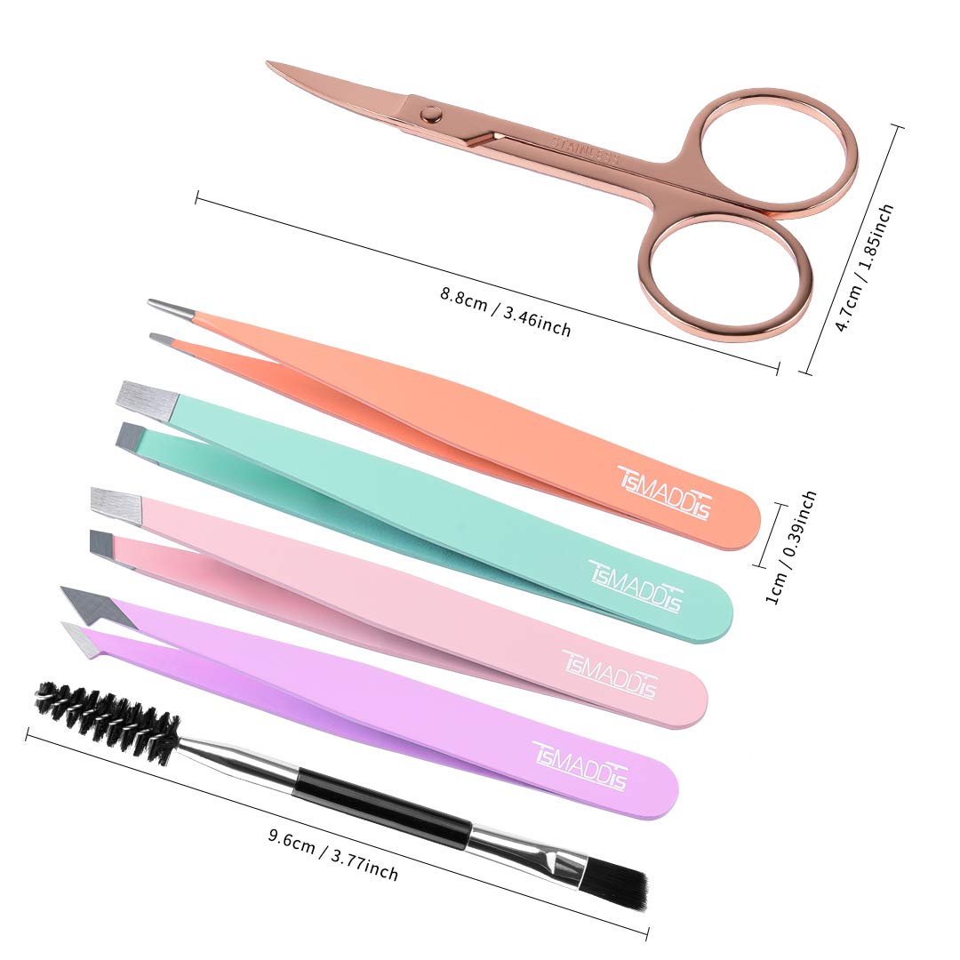TsMADDTs 6 PCS Tweezers Set for Women, Eyebrow Tweezers with Curved Scissor for Ingrown Hair, Hair Plucking Daily Beauty Tools with Leather Travel