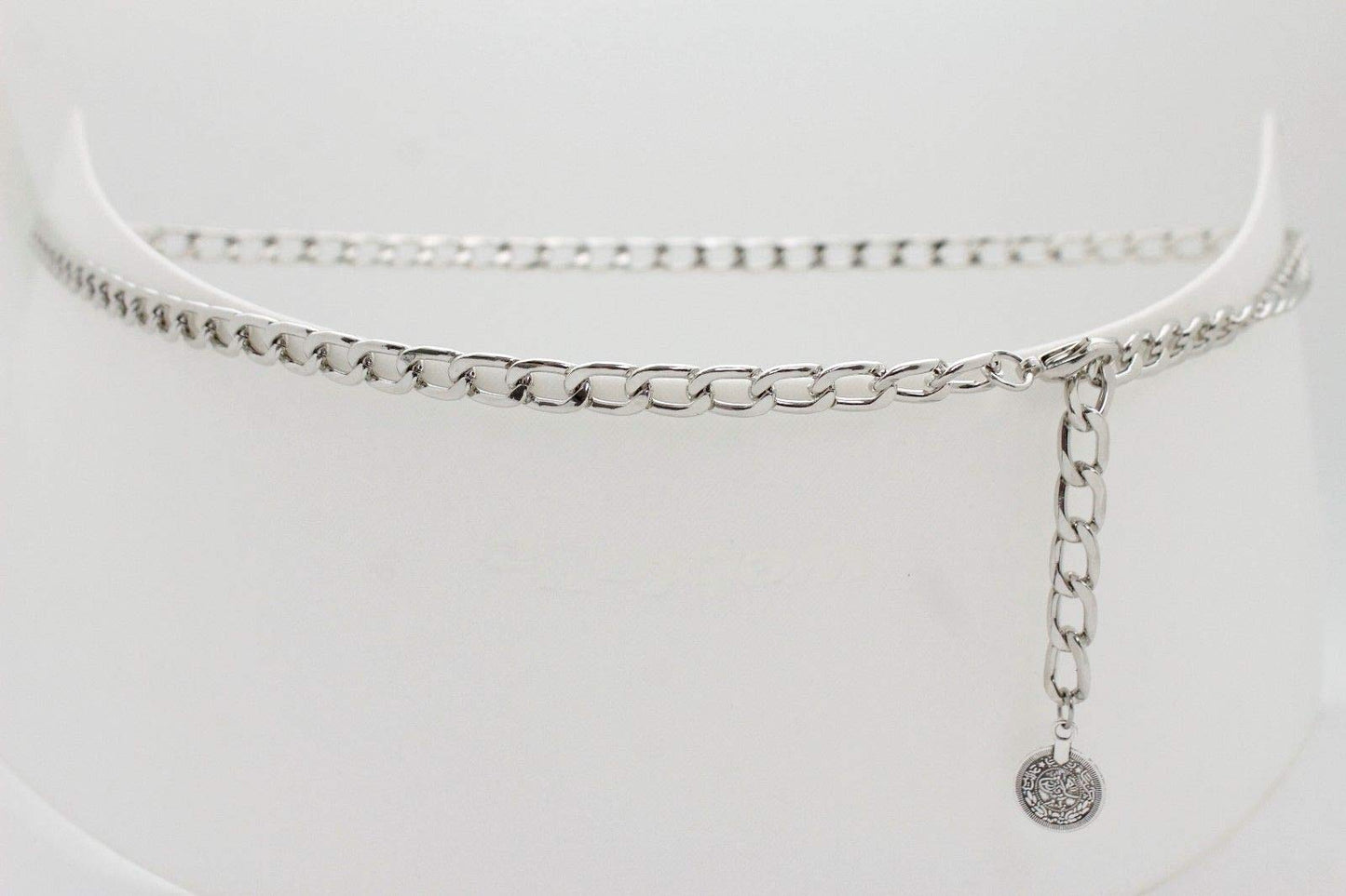 Women Skinny Waistband Belt Silver Metal Chain Links Coin Charm Buckle Size XS S M