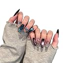 Glazed Beads Cat Eye Press on Nails with Butterfly, Purple Blue Rhinestone Almond Stiletto False Nails (1110 Blue Fantasy Butterfly Long Oval,S) Beauty & Personal Care Waillynice