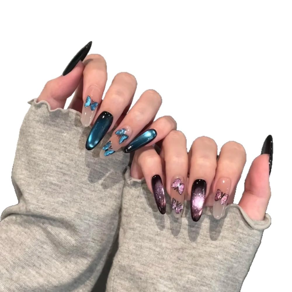 Glazed Beads Cat Eye Press on Nails with Butterfly, Purple Blue Rhinestone Almond Stiletto False Nails (1110 Blue Fantasy Butterfly Long Oval,S) Beauty & Personal Care Waillynice