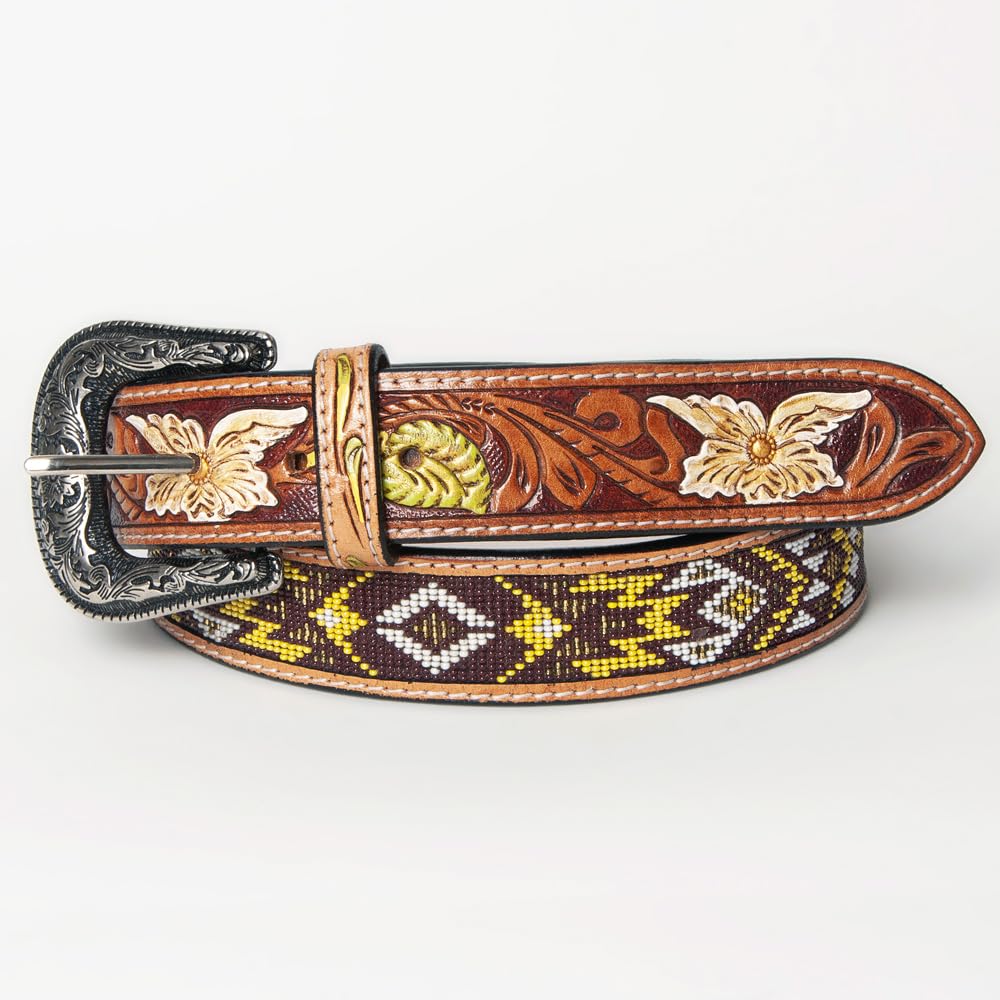 American Darling Small Hand Tooled Brown Genuine American Leather Beaded Belt Men & Women Western Belt with Removable Buckle
