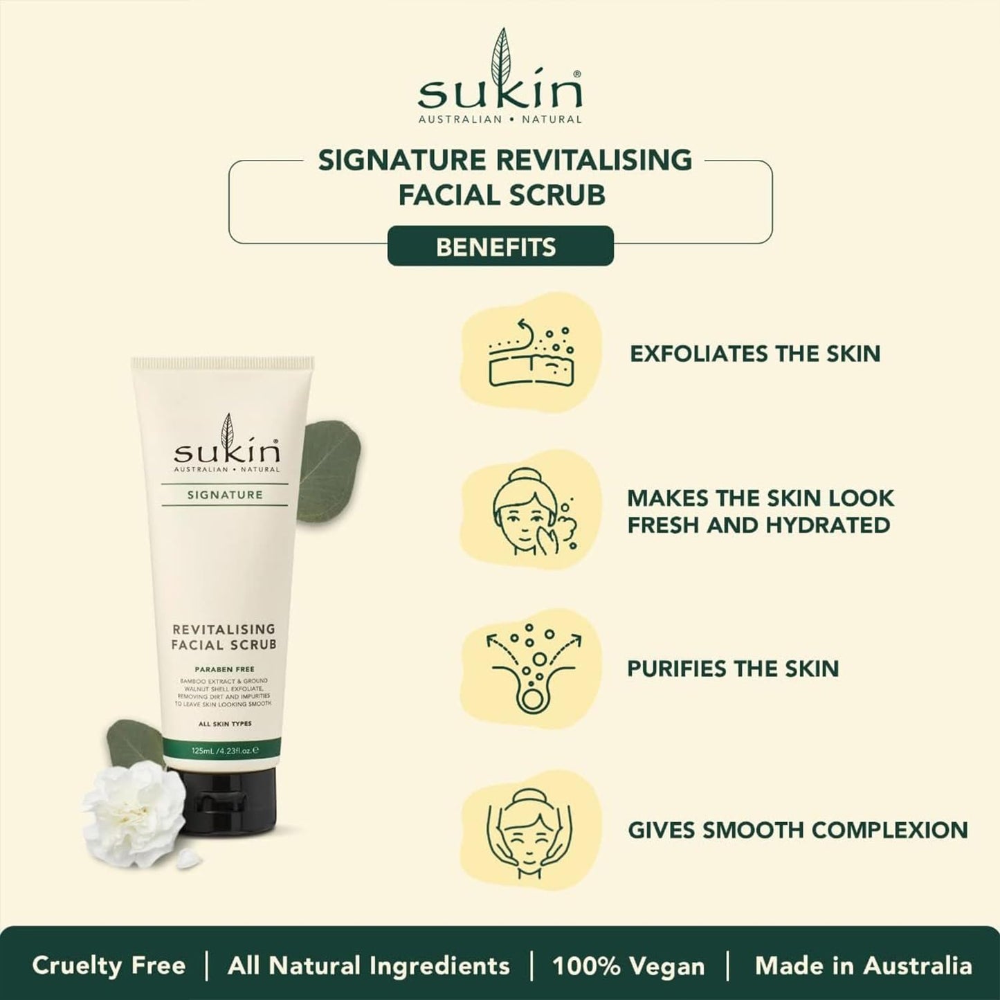 Sukin Signature Facial Scrub, Revitalizing - Natural Face Exfoliant with Bamboo Extract + Walnut Shell Powder, Microbead-Free, 4.23 Oz
