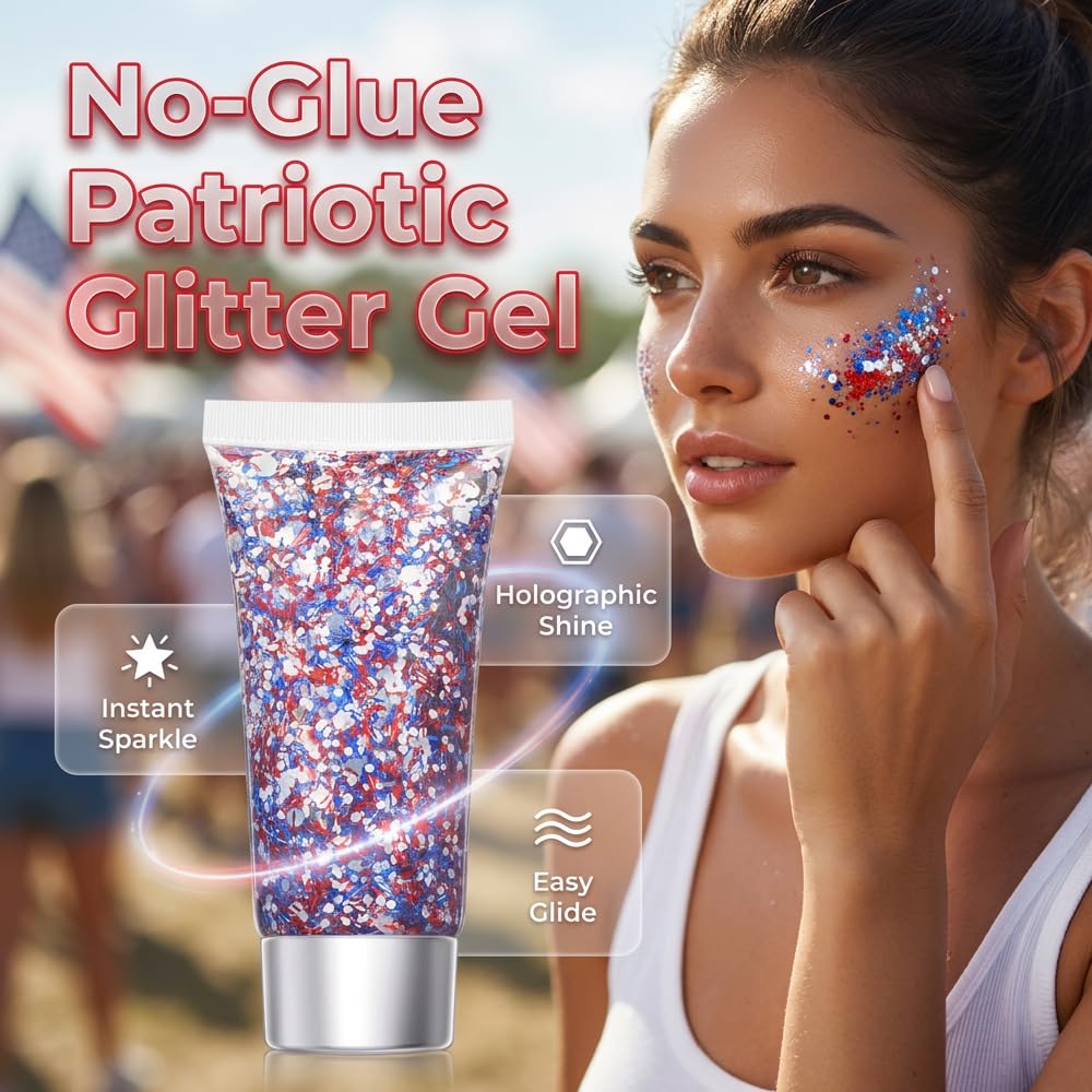 Red White Blue Hair Glitter Stick, 2026 New Patriotic USA Flag Star Chunky Face Body Outfits Sparkle Patriotic Pride Glitter for Soccer President's