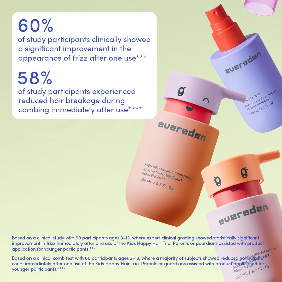 Evereden Kids Hair Trio Set: Hair Shampoo, Conditioner and Detangling Spray for Kids Ages 3+, Plant Protein Peptides & Argan Oil, Vegan, Free from