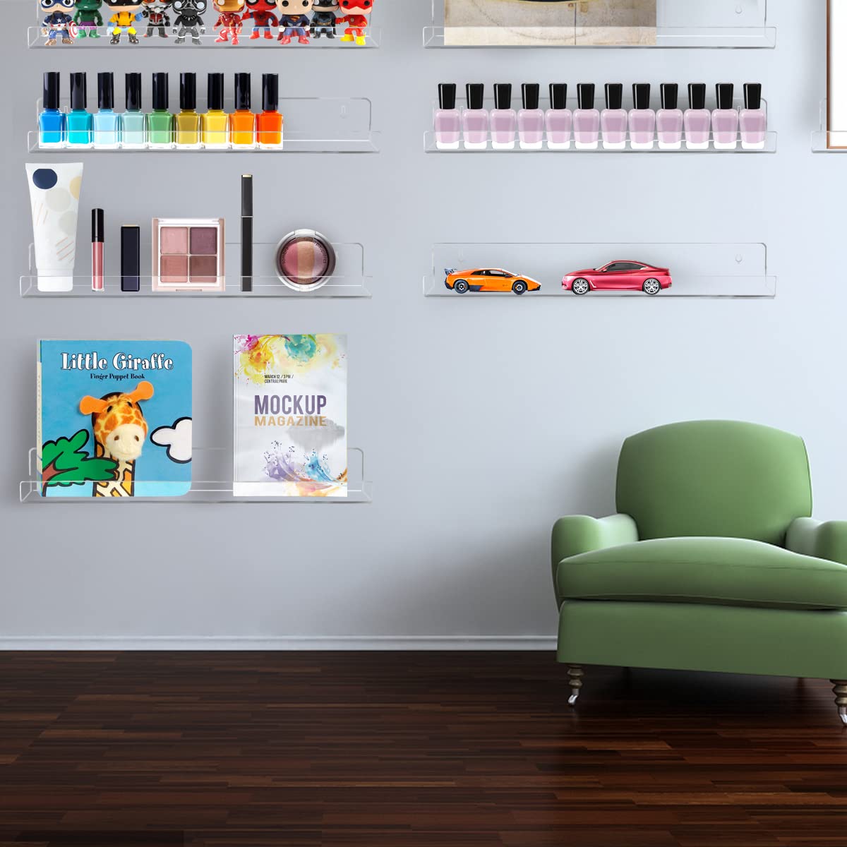 Cerpourt 8 Pack Wall Mounted Shelf,Clear Acrylic Nail Polish Organizer Display, Wall Rack Nail Supplies for Nail Techs