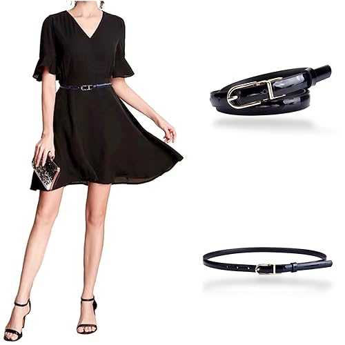 CB Women's Elegant Skinny Patent Leather Belts Waistband Slim Waist Belt With Twist To Convert Gold Color Alloy Buckle, Black