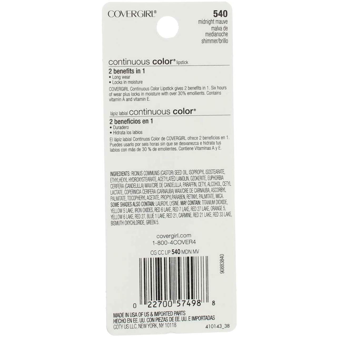 COVERGIRL Continuous Color Lipstick Midnight Mauve 540, .13 oz (packaging may vary)