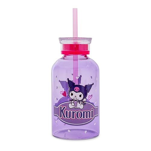 Silver Buffalo Sanrio Hello Kitty and Friends Featuring Kuromi Hearts Purple Glass Milk Bottle with Straw, 15 Ounces