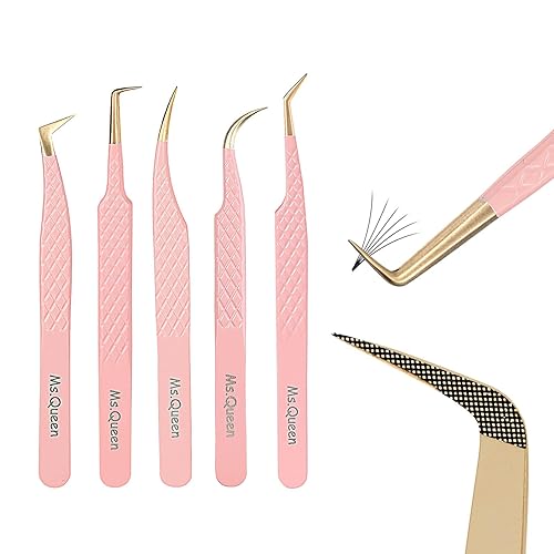 Ms.Queen Eyelash Extension Tweezers Set,Fiber Tip Volume Tweezers Curved 45 90 Degree Angled Tip Lash Tweezers for Mega Volume Mink Lashes