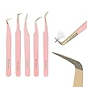 Ms.Queen Eyelash Extension Tweezers Set,Fiber Tip Volume Tweezers Curved 45 90 Degree Angled Tip Lash Tweezers for Mega Volume Mink Lashes