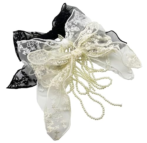 Sovenny 3 Pieces Lace Bow Pearl Chain Hair Clips Flower Embroidery Non Slip Hair Bow Barrettes for Women and Girls (White, Beige, Black)