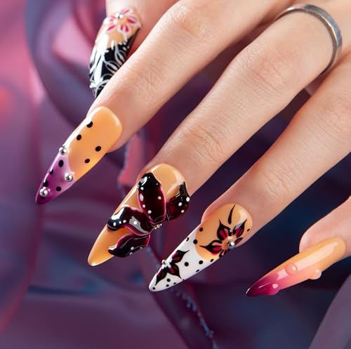 LOVFUL Press on Nails Handmade with Full Covered Crystals Reusable Fake Nails Stiletto Classic Regular 1.3 in Twilight Petals M Beauty & Personal Care Lovful