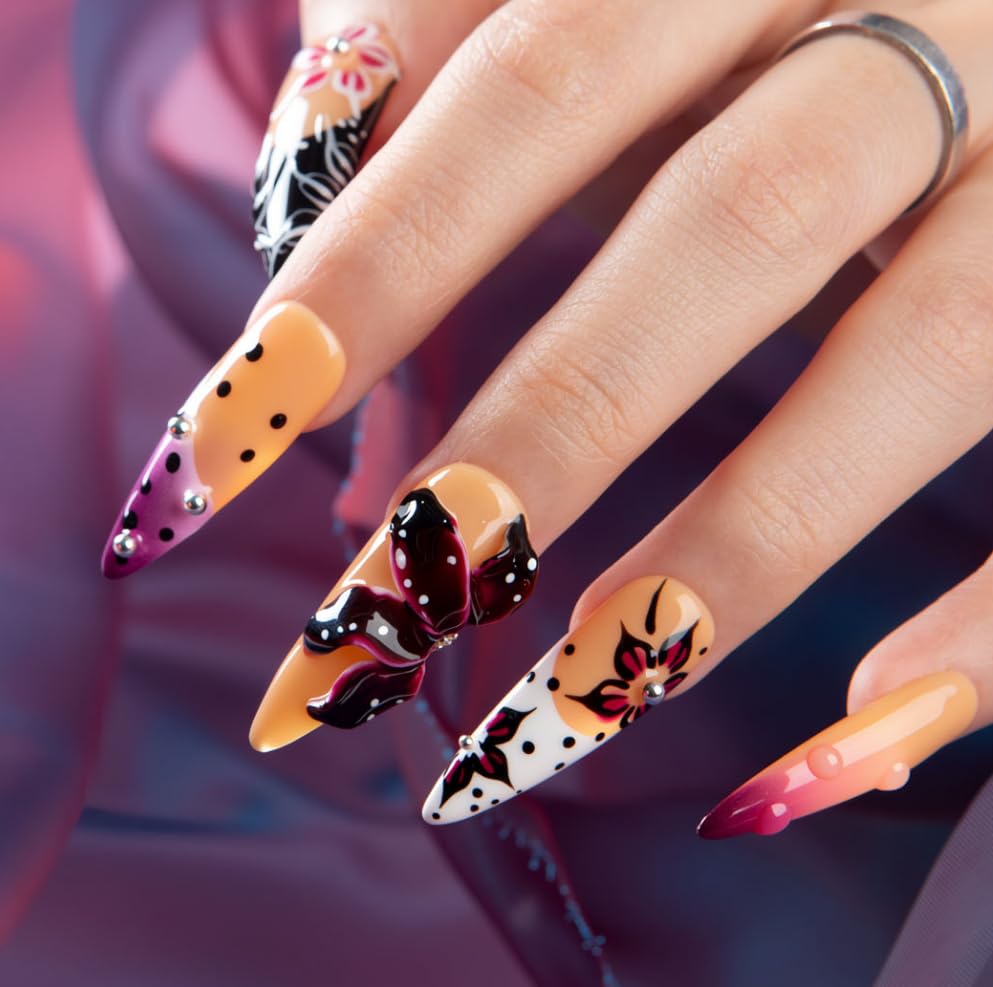 LOVFUL Press on Nails Handmade with Full Covered Crystals Reusable Fake Nails Stiletto Classic Regular 1.3 in Twilight Petals M Beauty & Personal Care Lovful