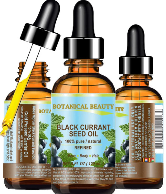 Botanical Beauty BLACK CURRANT SEED OIL. 100% Pure Natural Undiluted Refined Cold Pressed Carrier Oil for Skin, Hair, Lip and Nail Care (4 Fl Oz)