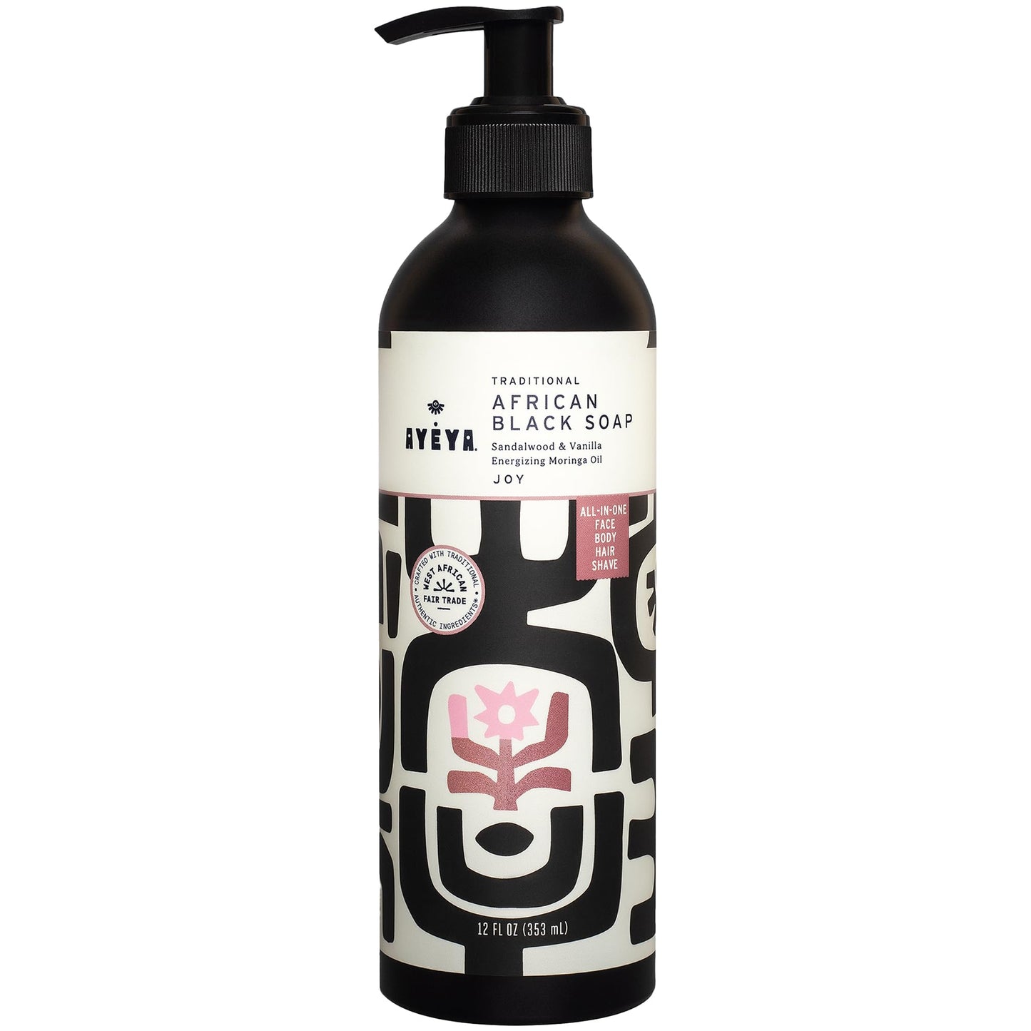 AYÉYA Liquid African Black Soap - Joy | Sandalwood, Vanilla & Moringa for Radiance | Vegan Hydrating Face & Body Wash | Natural African Soap with Shea