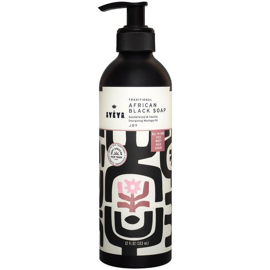 AYÉYA Liquid African Black Soap - Joy | Sandalwood, Vanilla & Moringa for Radiance | Vegan Hydrating Face & Body Wash | Natural African Soap with Shea