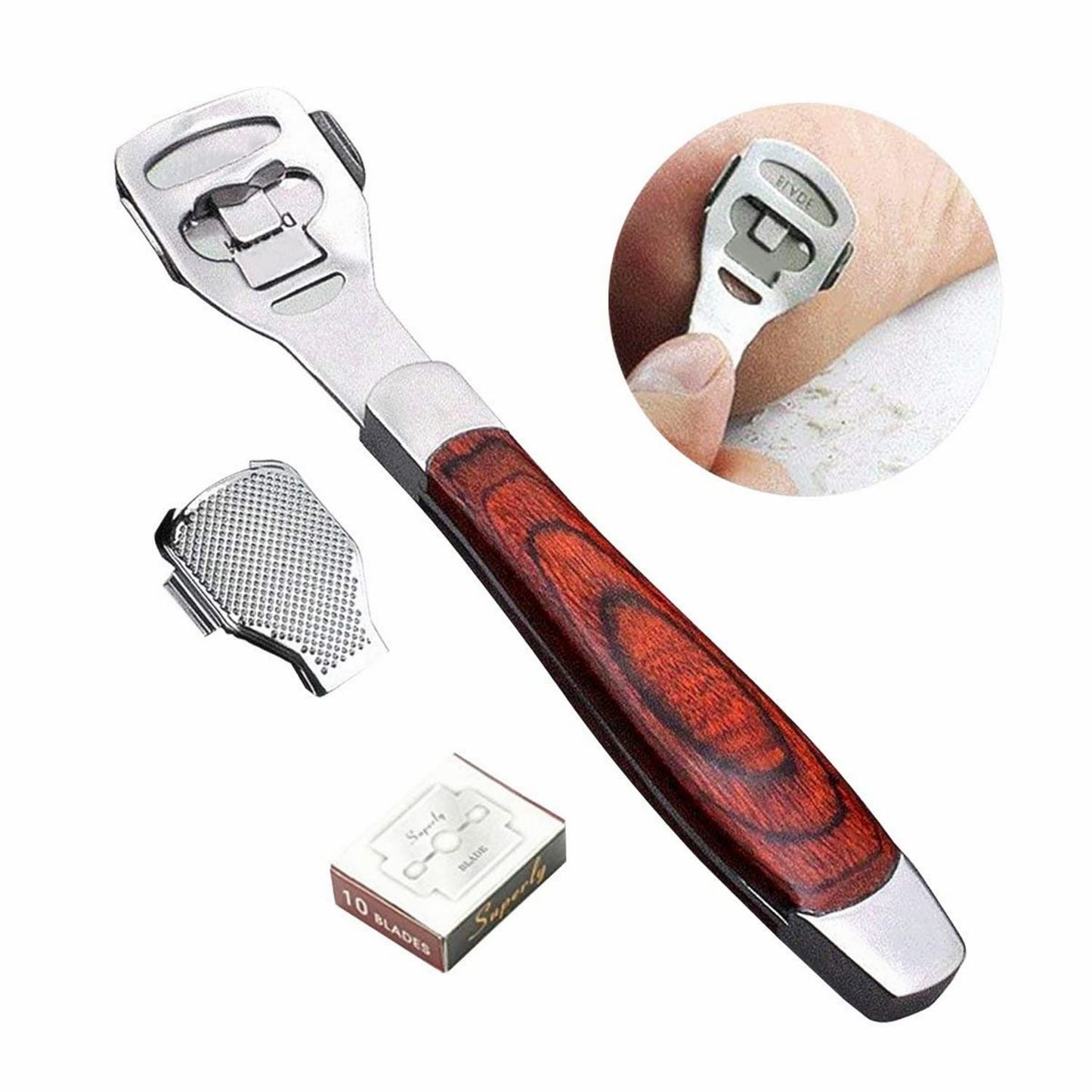 BEINY Stainless Steel Callus Shaver Pedicure Dead Hard Skin Remover Heel Razor Wooden Handle Cutter with Skin Rub & 10 Blades for Foot Care, Removing