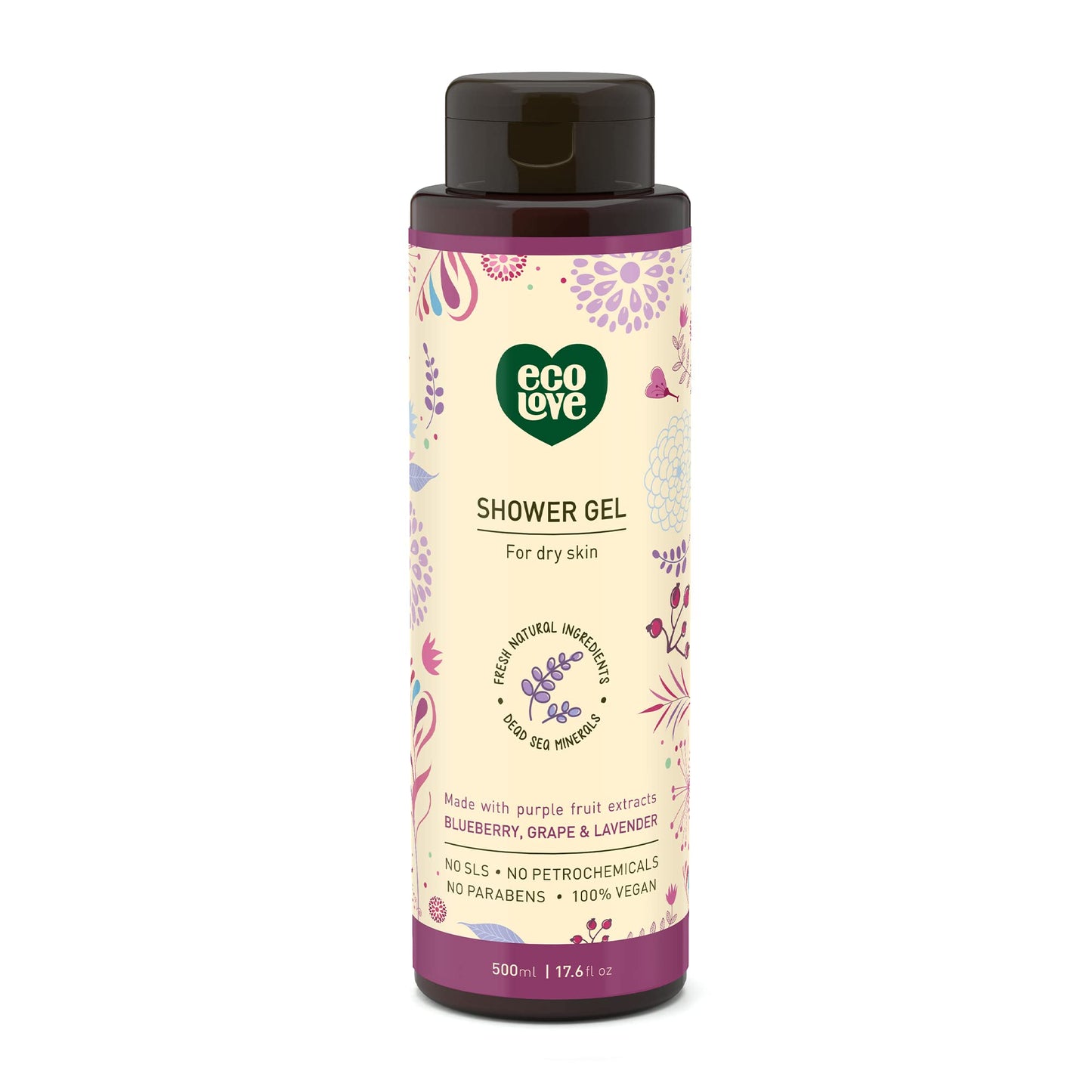 ecoLove - Natural Moisturizing Body Wash for Dry Skin - Organic Blueberry, Grape & Lavender - No SLS or Parabens - Vegan and Cruelty-Free Shower Gel