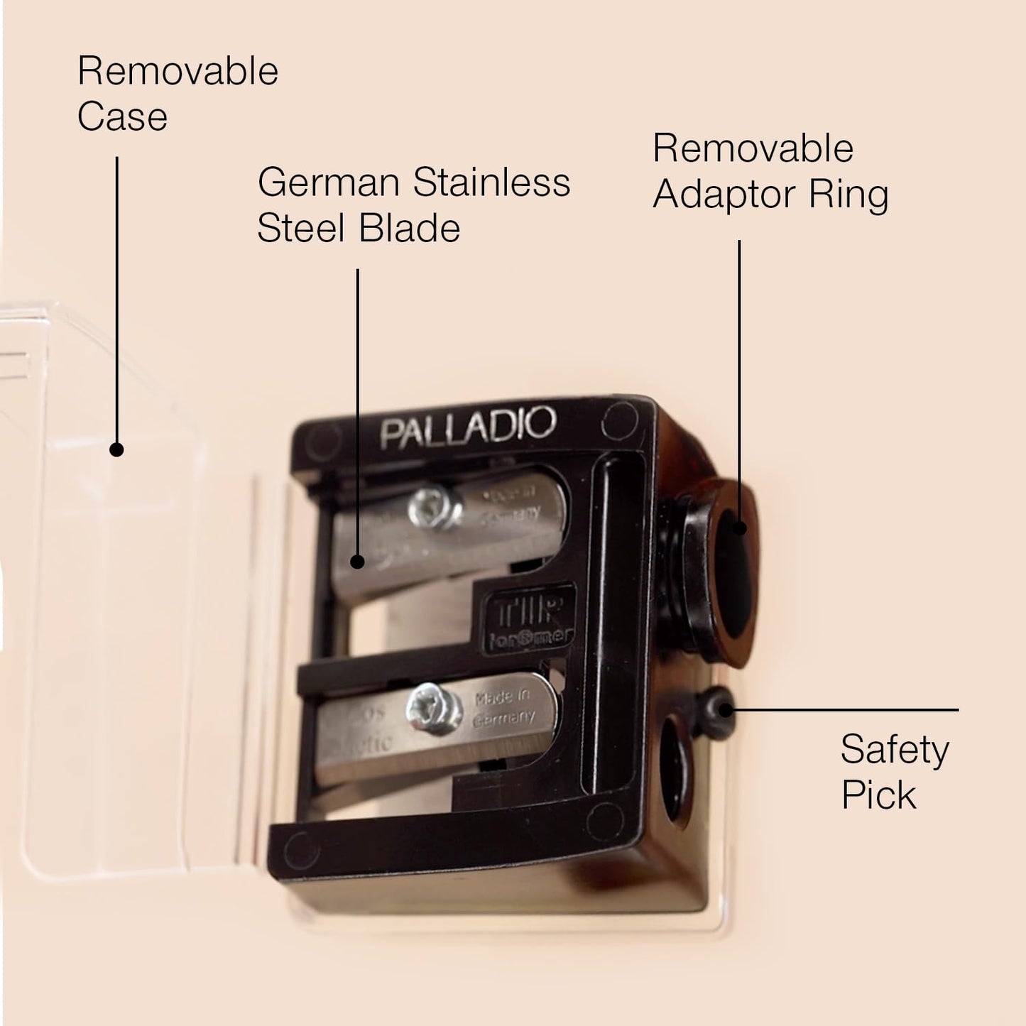 Palladio Double Barrel 3 in 1 Cosmetic Pencil Sharpener with Cover, Stainless Steel Blade, Size Adjuster, Essential for Small and Extra Large Lip Beauty and Personal Care Palladio