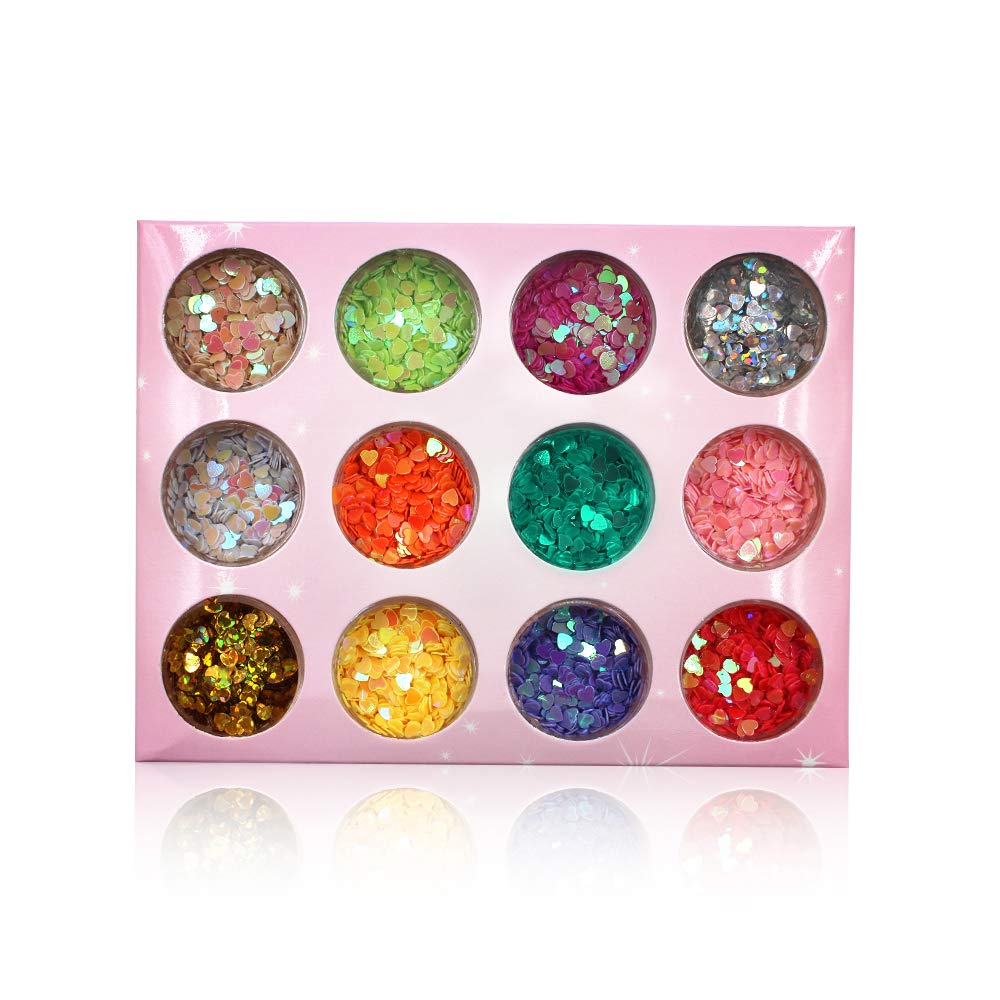 Minejin Nail Art Glitter Heart Shape Sequins Iridescent Colorful Confetti Chunky Flakes Tips Manicure 12 Colors Beauty & Personal Care Mygitter