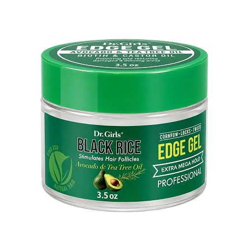 Dr. Girls Rice Water Edge Gel - Extra Mega Hold for Cornrows, Locs & Twists with Biotin, Castor Oil 3.5oz (Avocado & Tea Tree Oil)
