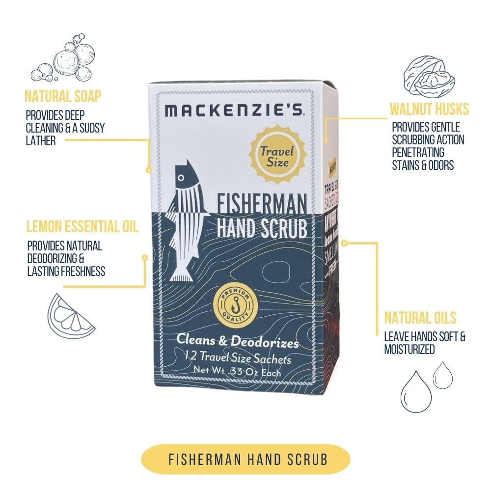 MACKENZIE'S Fisherman Hand Scrub Travel Size Packets - Gifts for Fishermen - Gifts for Men - Father's Day - Gifts for Cooks - Cleansing & Deodorizing