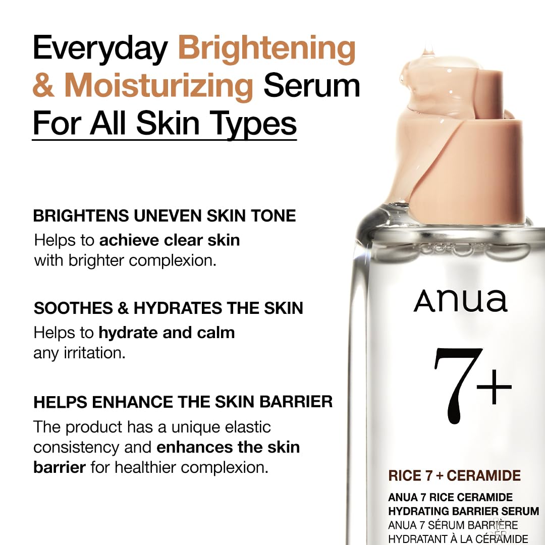 Anua Rice Ceramide 7 Hydrating Barrier Serum, Moisturizing Face Serum, Non-comodogenic, Hyaluronic Acid, Niacinamide, Lightweight, Fragrance Free Beauty and Personal Care ANUA