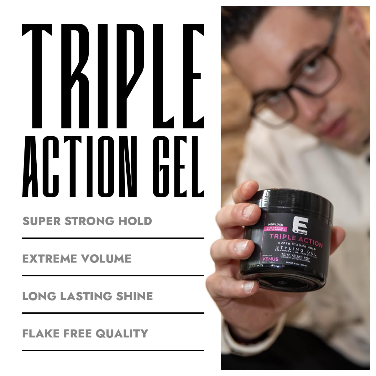 E Elegance Earth Fragrance Triple Action Hair Gel for Men And Women - Super Strong Hold, Extreme Volume, And Long Lasting Shine - Flake Free