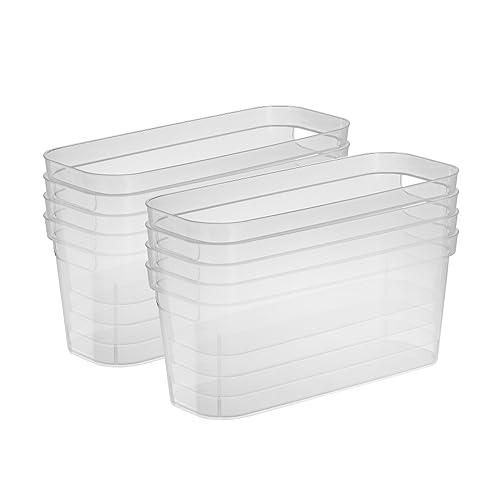 Sterilite 6.25x6.25x15 Inch Narrow Modern Storage Bin with Comfortable Carry Through Handles and Banded Rim for Household Organization, Clear (8 Pack)